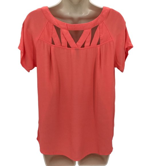 Buttons Womens Cut Out Crepe Coral Short Sleeve Pull Over Blouse Top Size S - Picture 4 of 7